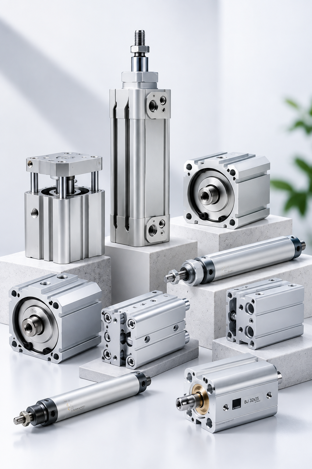 Vertical display of precision-engineered pneumatic cylinders and actuators in a clean industrial setting.